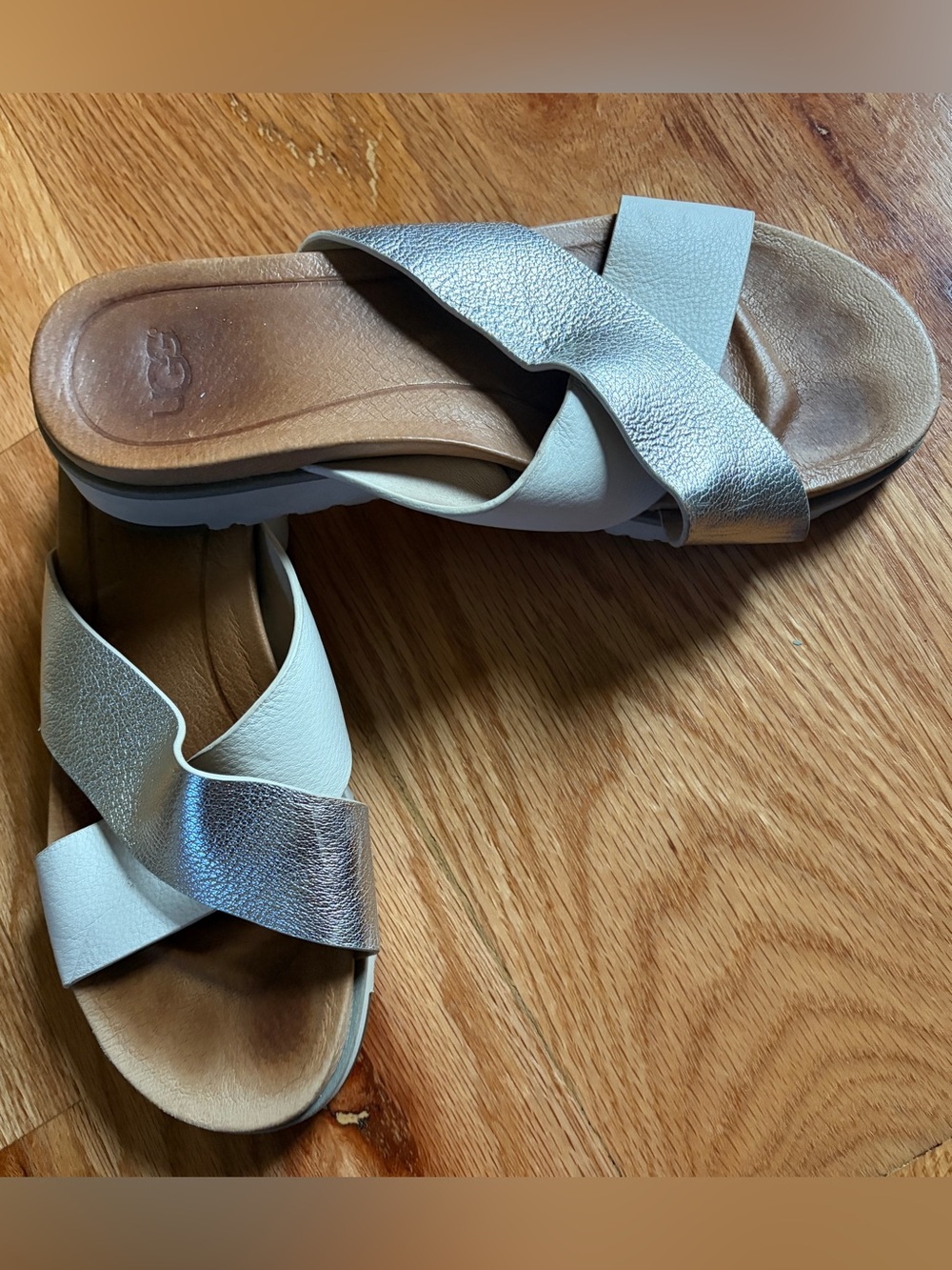 UGG Silver and White Crossband Slide Sandals